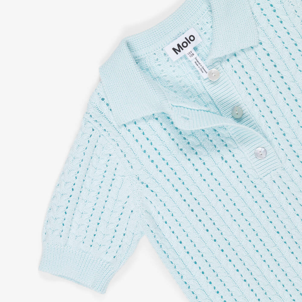 Molo-Girls Blue Cotton Lacy Knit Polo Shirt | Childrensalon