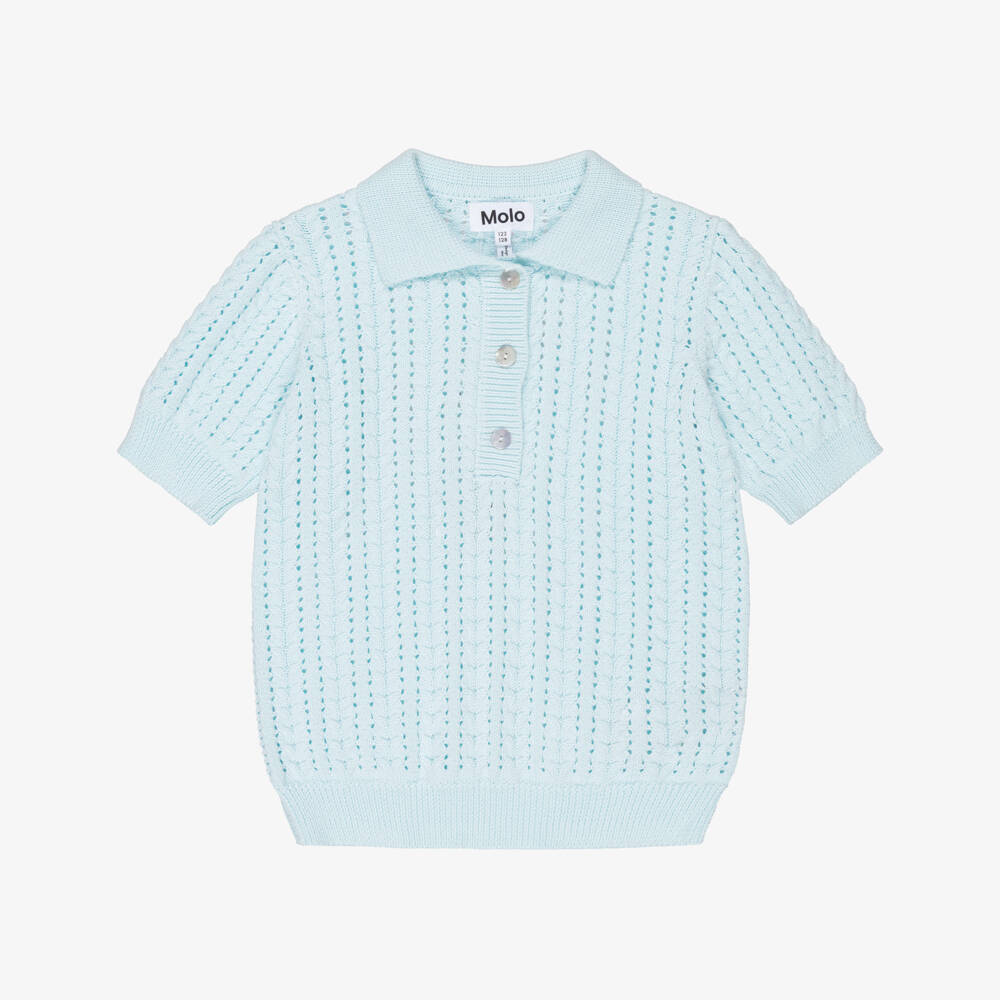 Molo-Girls Blue Cotton Lacy Knit Polo Shirt | Childrensalon