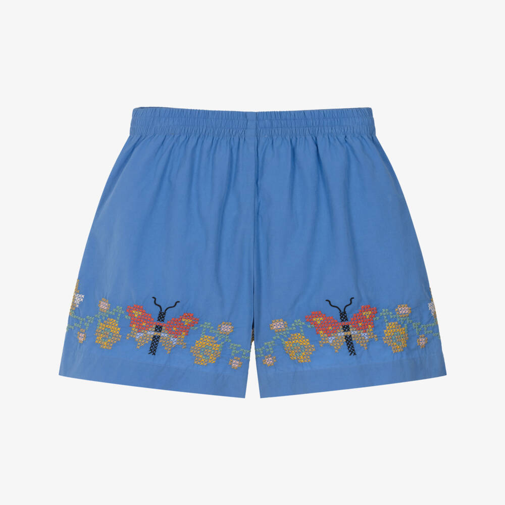 Molo-Girls Blue Cotton Shorts with Cross Stitch Butterflies & Flowers | Childrensalon