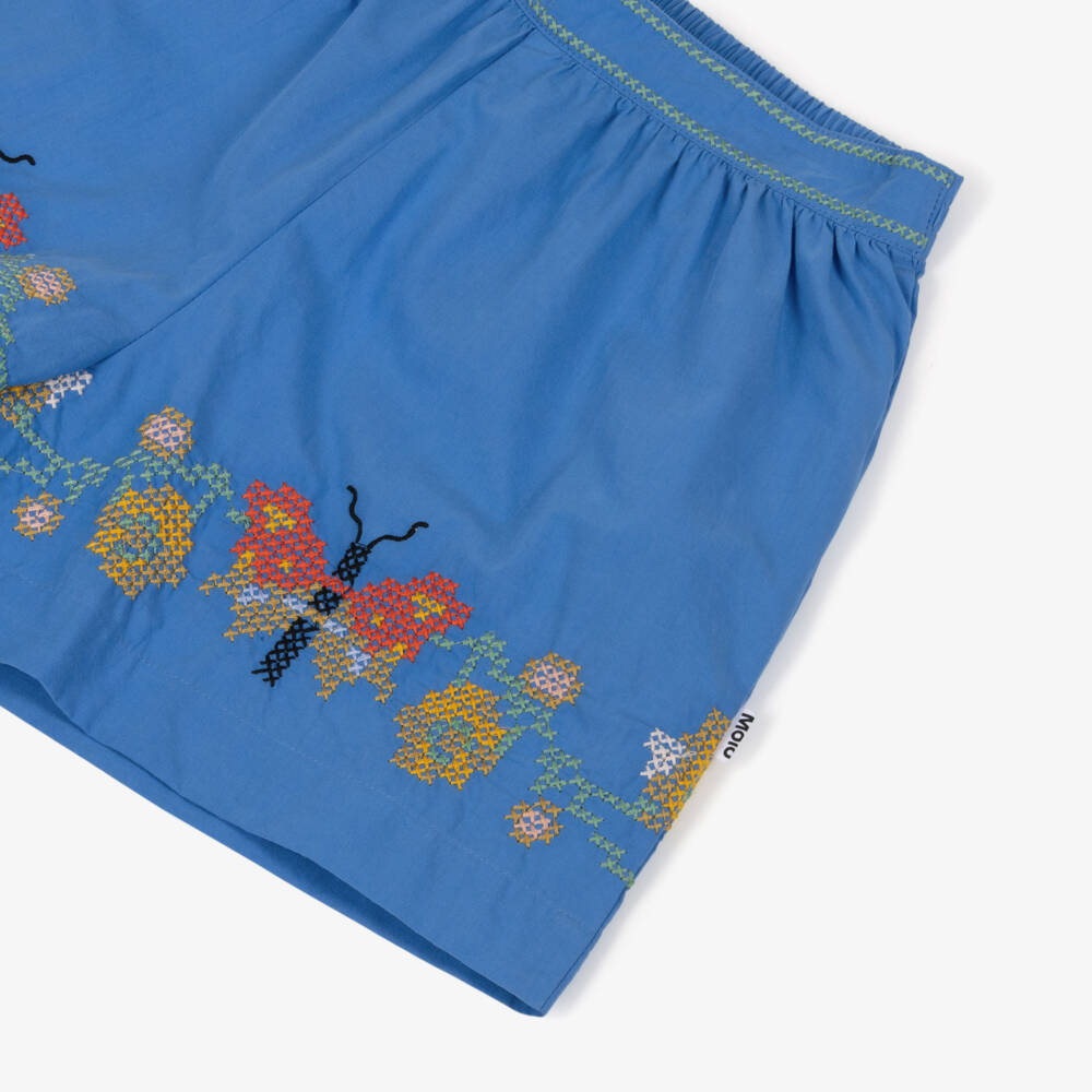 Molo-Girls Blue Cotton Shorts with Cross Stitch Butterflies & Flowers | Childrensalon