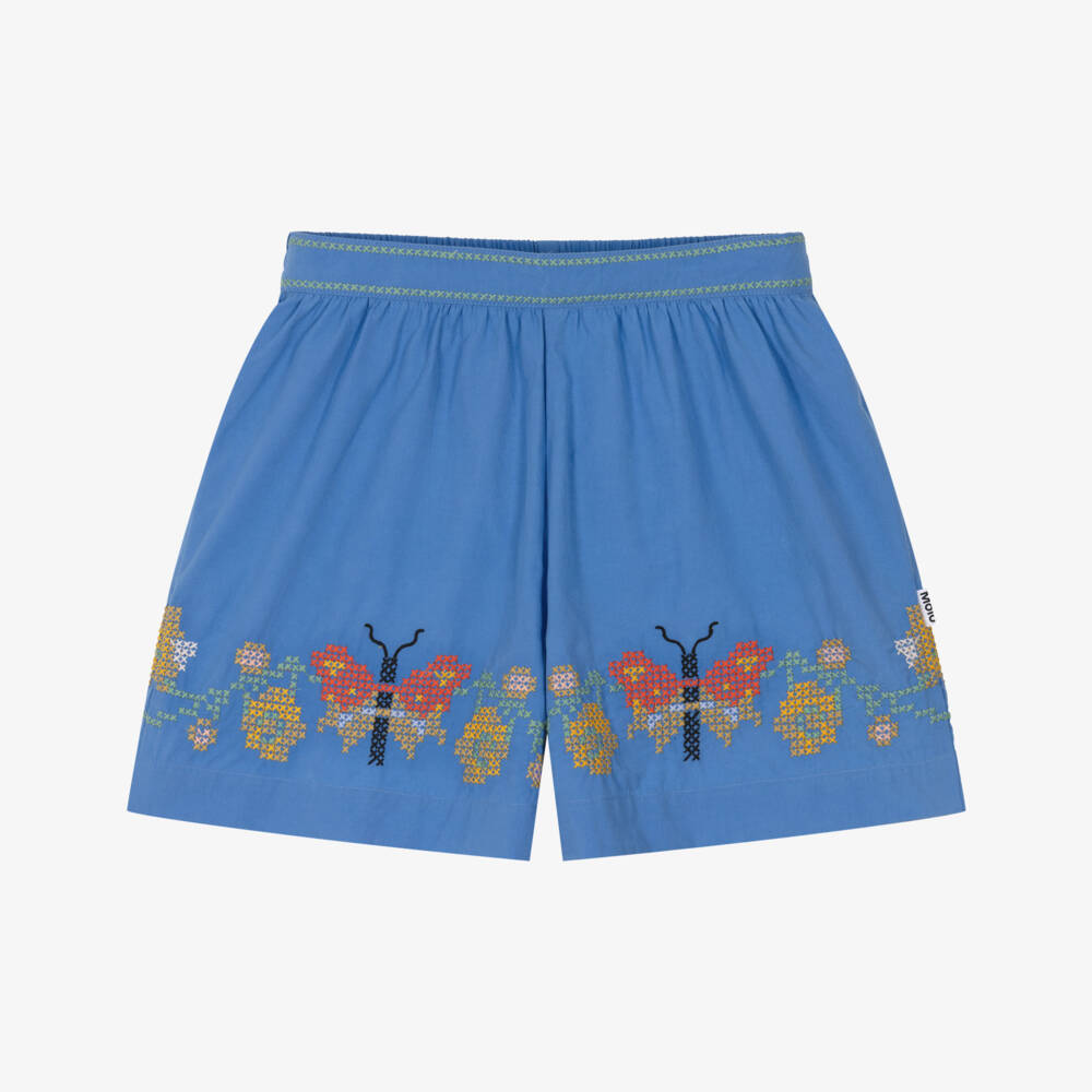 Molo-Girls Blue Cotton Shorts with Cross Stitch Butterflies & Flowers | Childrensalon