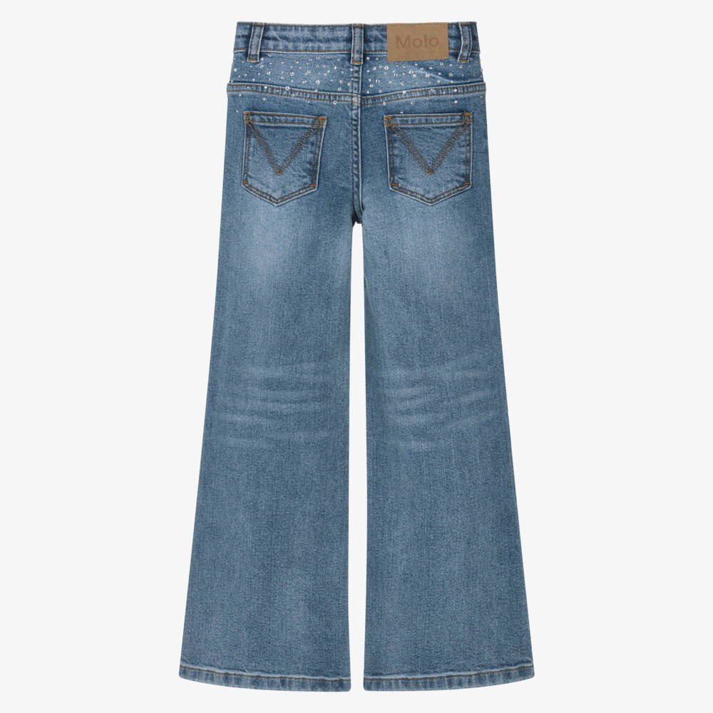 Molo-Girls Blue Flared Slim Fit Rhinestone Denim Jeans | Childrensalon