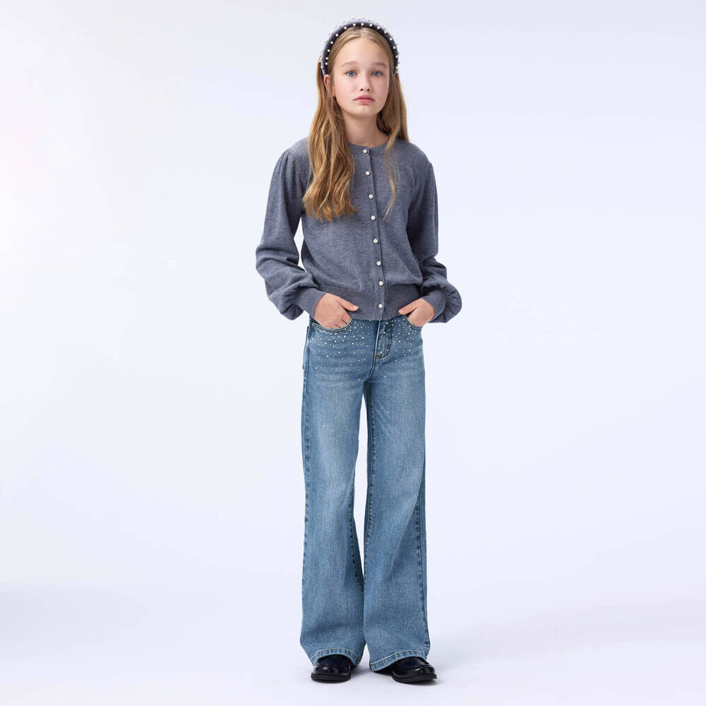 Molo-Girls Blue Flared Slim Fit Rhinestone Denim Jeans | Childrensalon