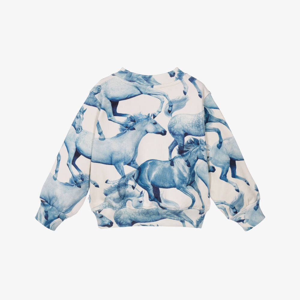 Molo-Girls Blue Horse Print Sweatshirt in Organic Cotton | Childrensalon