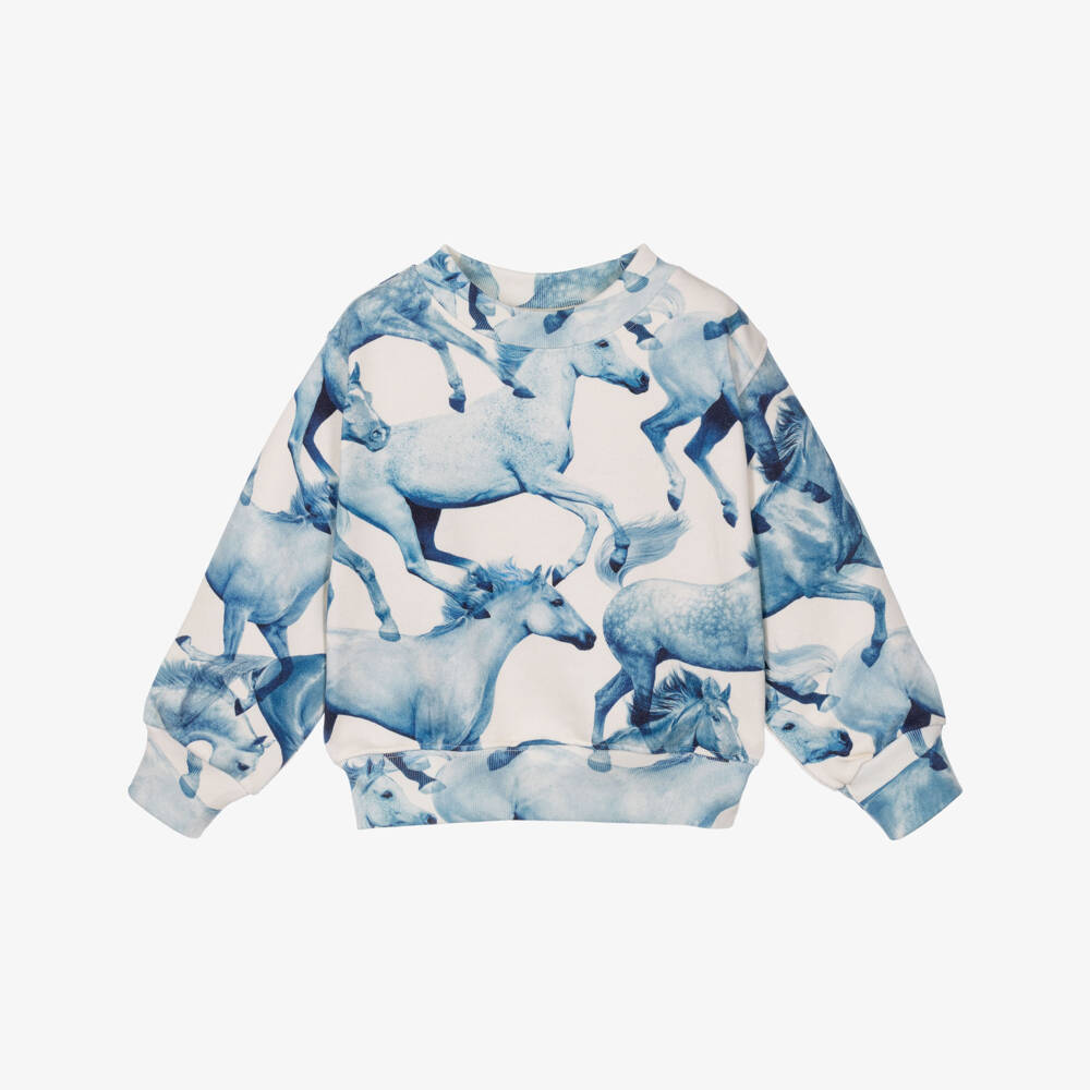 Molo-Girls Blue Horse Print Sweatshirt in Organic Cotton | Childrensalon