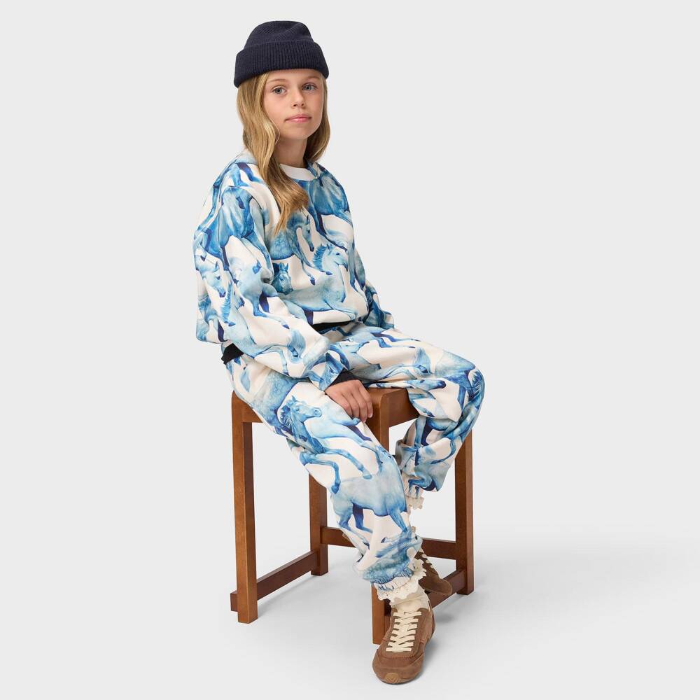 Molo-Girls Blue Horse Print Sweatshirt in Organic Cotton | Childrensalon