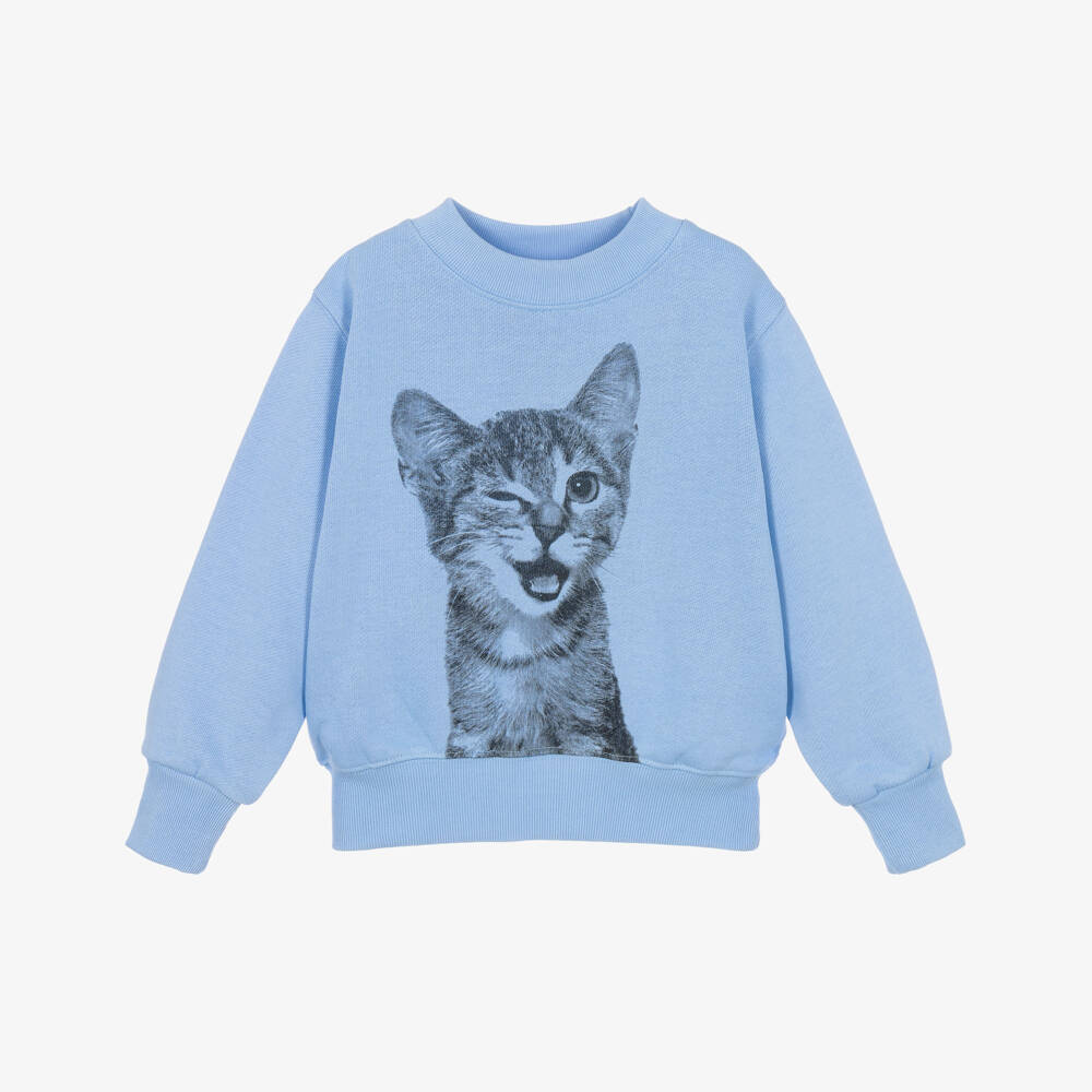Molo-Girls Blue Kitten Print Sweatshirt in Organic Cotton | Childrensalon
