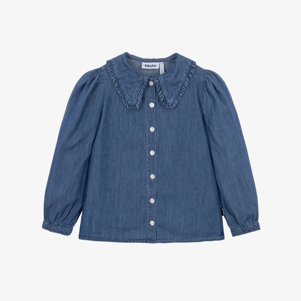 Molo-Girls Blue Organic Cotton Chambray Blouse | Childrensalon