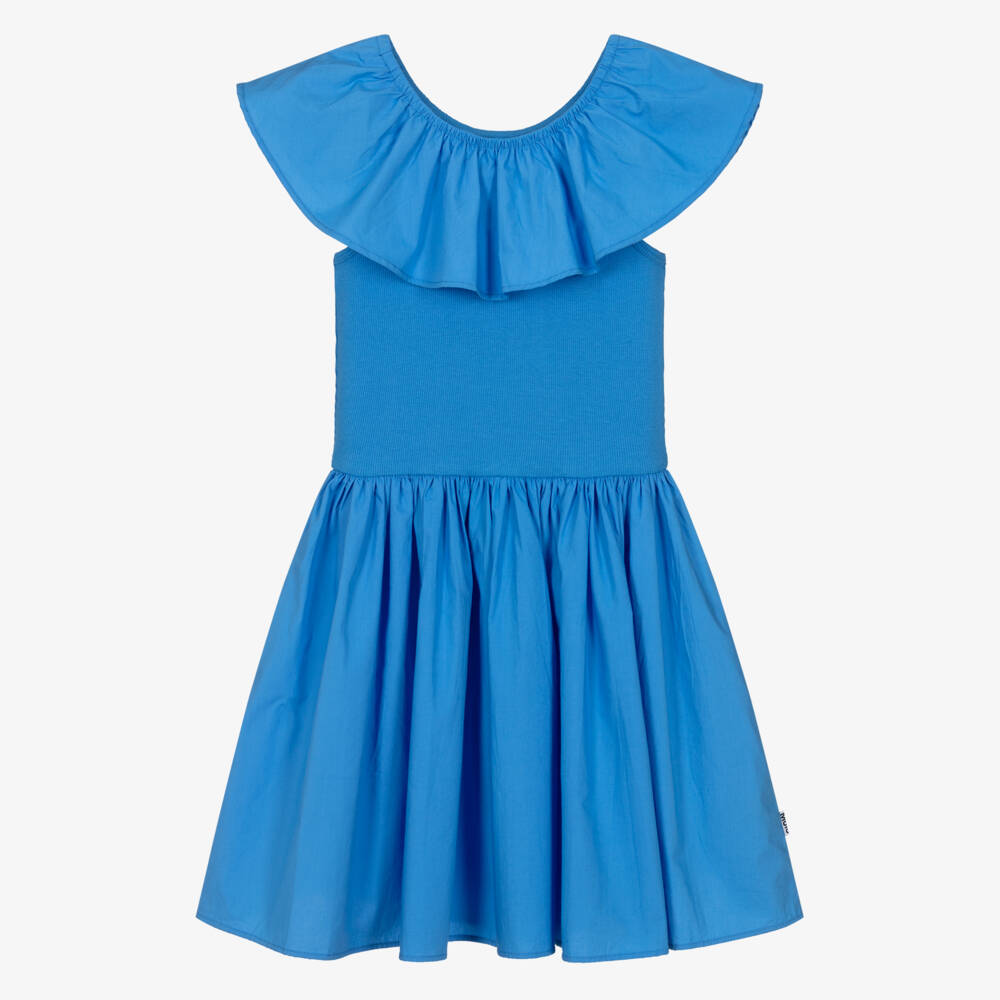 Molo-Girls Blue Organic Cotton Ruffle Shoulder Dress | Childrensalon