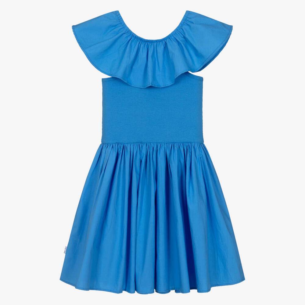 Molo-Girls Blue Organic Cotton Ruffle Shoulder Dress | Childrensalon