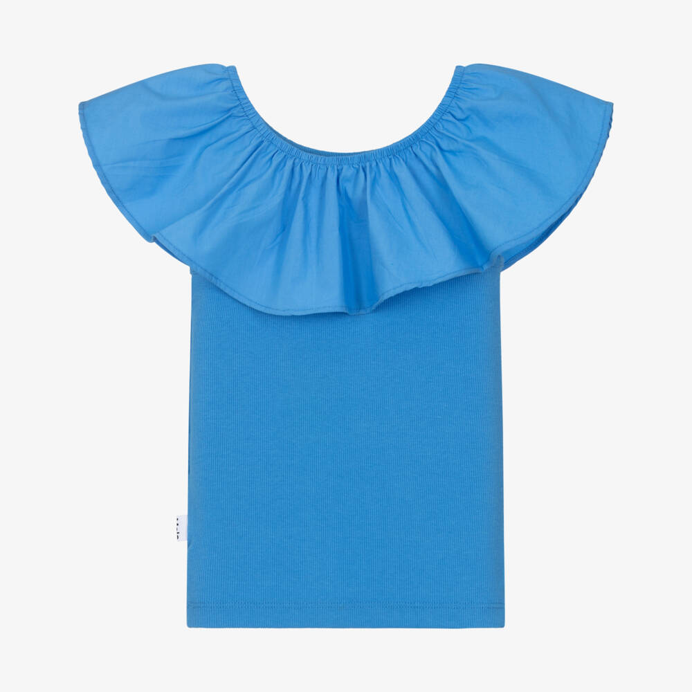 Molo-Girls Blue Organic Cotton Ruffle Shoulder Top | Childrensalon