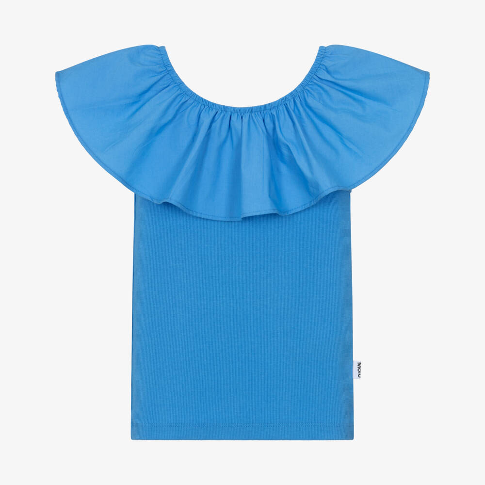 Molo-Girls Blue Organic Cotton Ruffle Shoulder Top | Childrensalon