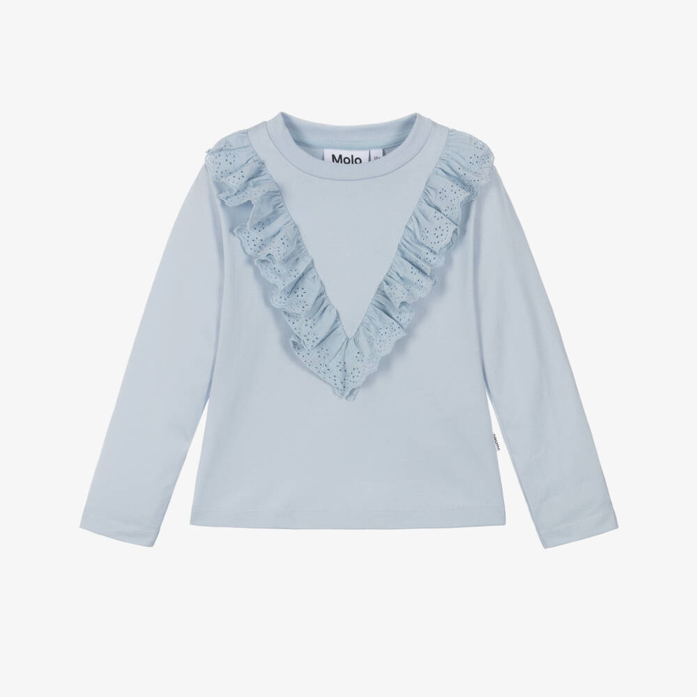 Molo-Girls Blue Organic Cotton Ruffle Trim Top | Childrensalon