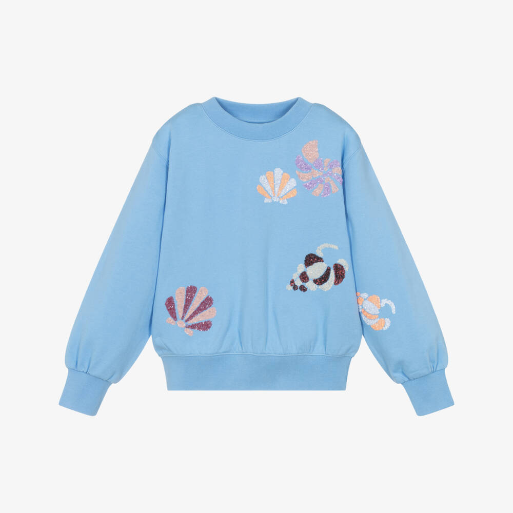 Molo-Girls Blue Organic Cotton Sequin Seashell Sweatshirt | Childrensalon