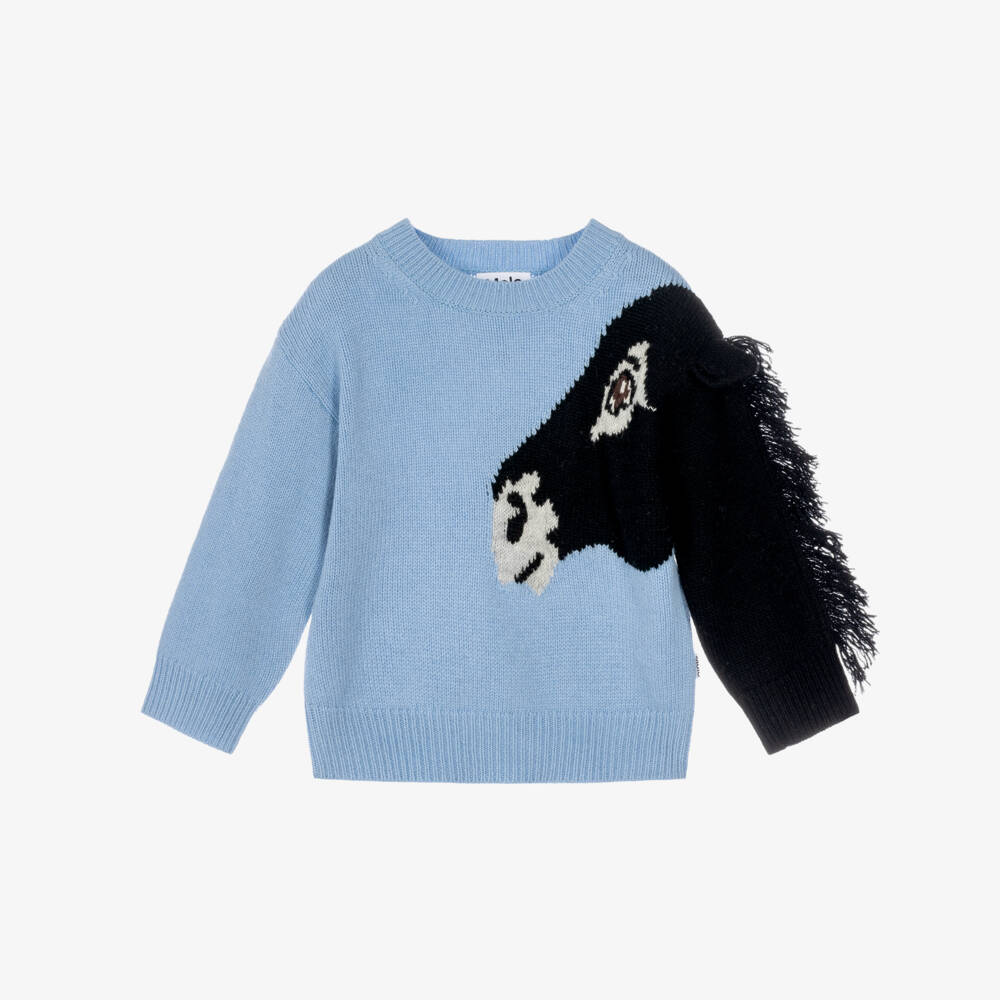 Molo-Girls Blue Wool Knit Horse Sweater | Childrensalon
