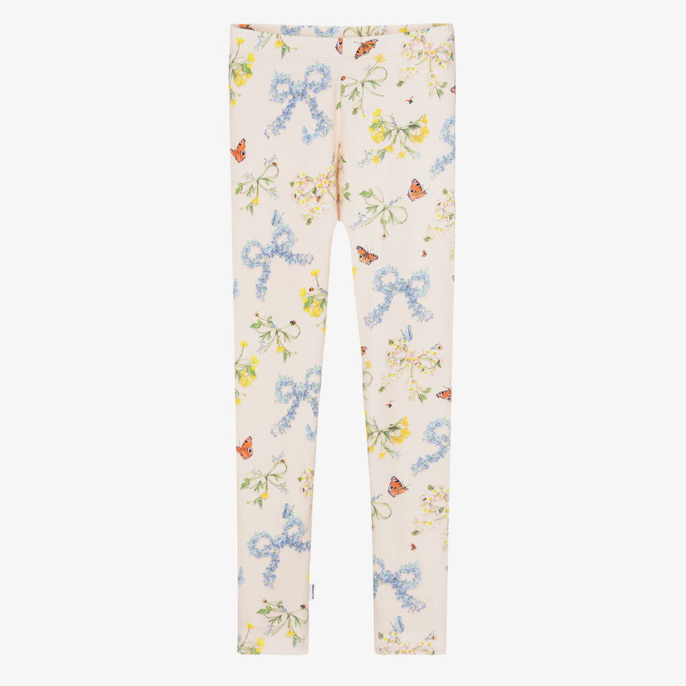 Molo-Girls Blush Pink Floral Bow Organic Cotton Leggings | Childrensalon