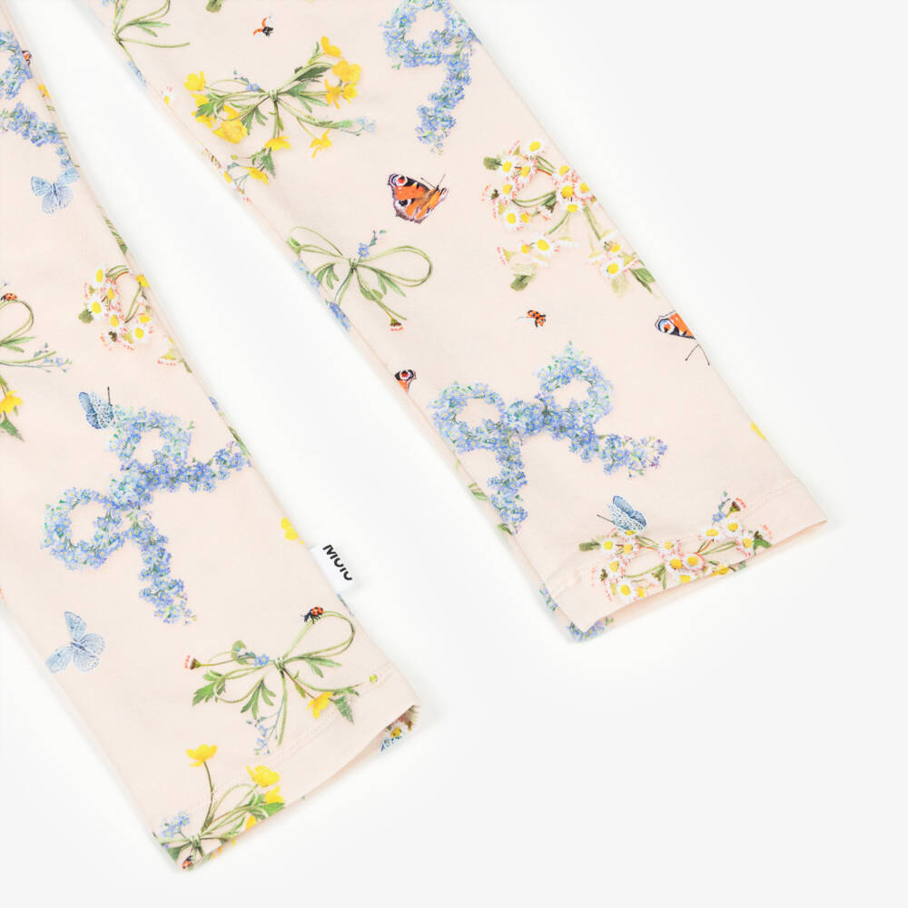 Molo-Girls Blush Pink Floral Bow Organic Cotton Leggings | Childrensalon