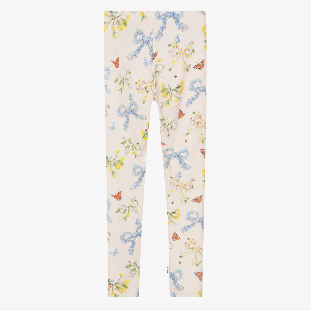 Molo-Girls Blush Pink Floral Bow Organic Cotton Leggings | Childrensalon