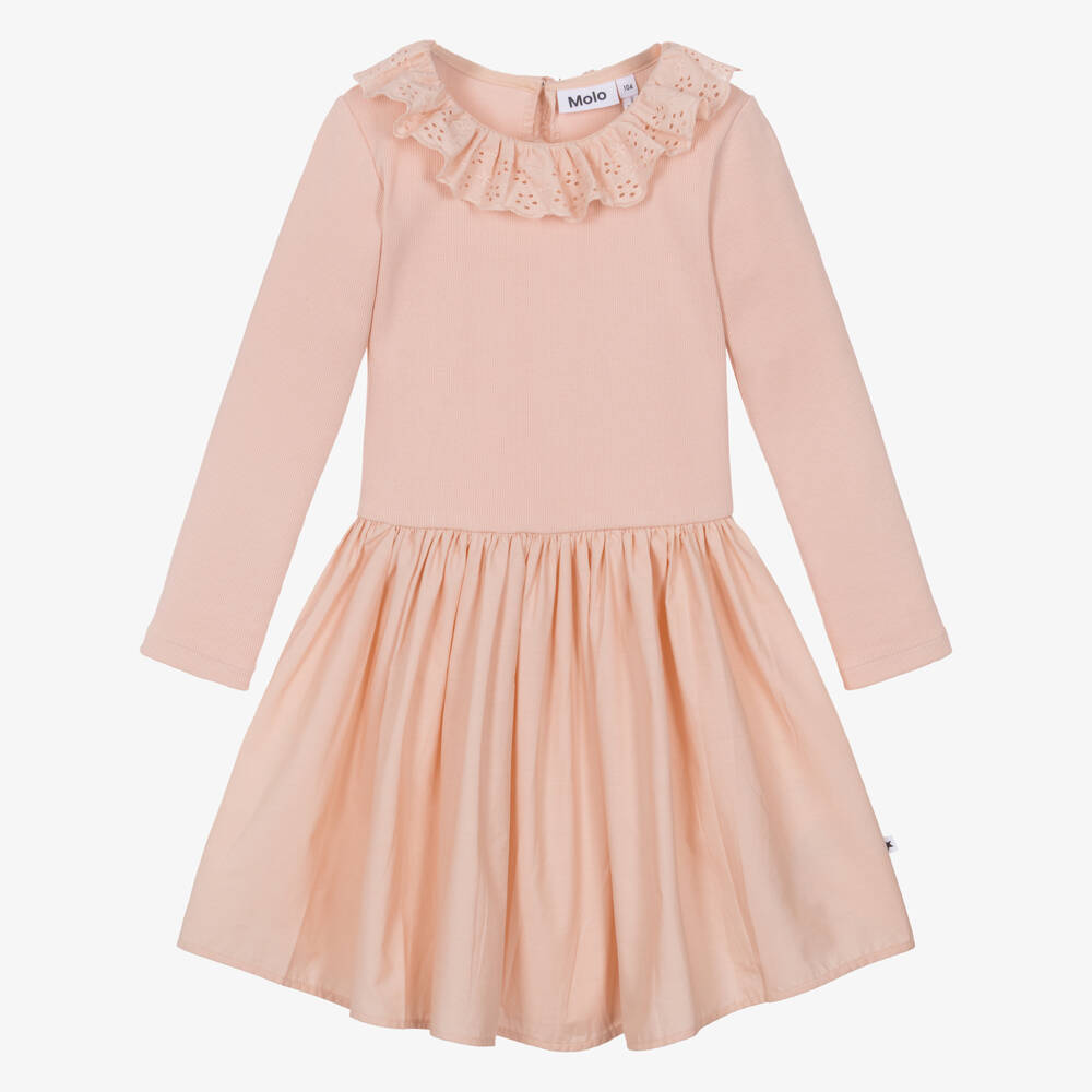 Molo-Girls Blush Pink Organic Cotton Dress with Broderie Ruffle | Childrensalon
