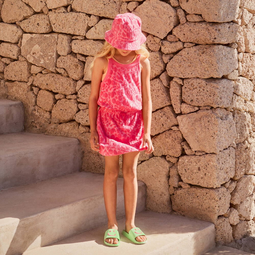 Molo-Girls Bright Pink Jacquard Fruit Beach Dress | Childrensalon