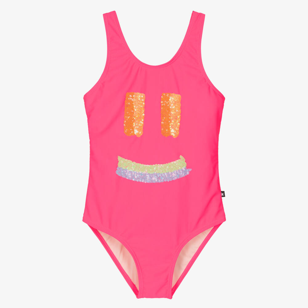 Molo-Girls Bright Pink Sequinned Smiling Face Swimsuit (UPF50+) | Childrensalon