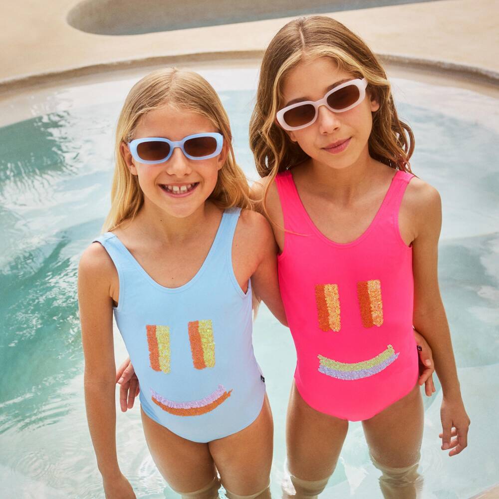 Molo-Girls Bright Pink Sequinned Smiling Face Swimsuit (UPF50+) | Childrensalon