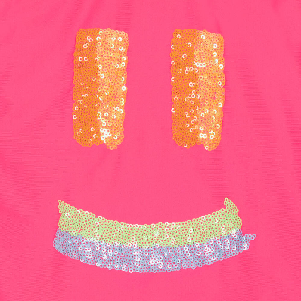 Molo-Girls Bright Pink Sequinned Smiling Face Swimsuit (UPF50+) | Childrensalon