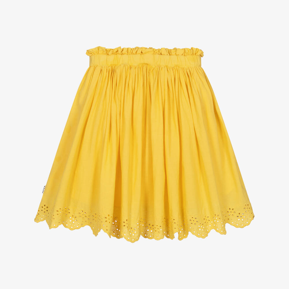 Molo-Girls Bright Yellow Cotton Skirt with Broderie Anglaise Trim | Childrensalon