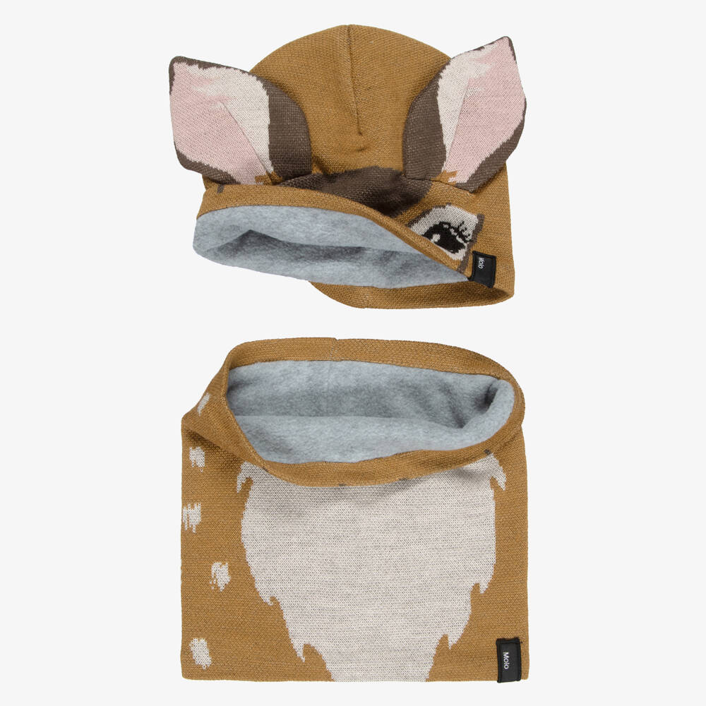 Molo-Girls Brown Knit Deer Hat & Snood Set | Childrensalon