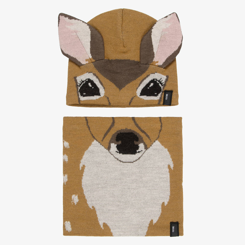 Molo-Girls Brown Knit Deer Hat & Snood Set | Childrensalon