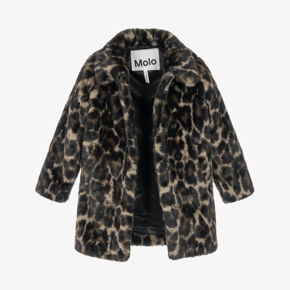 Molo-Girls Brown Leopard Print Faux Fur Coat | Childrensalon