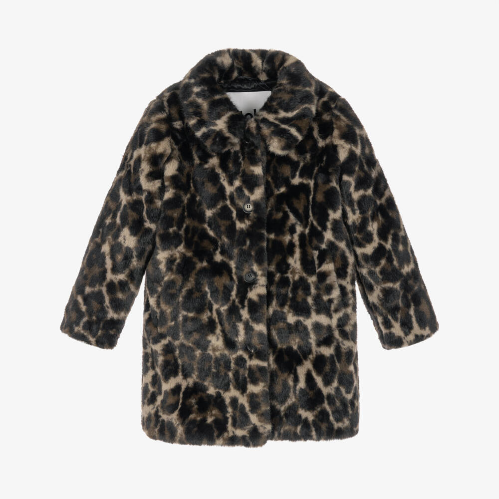 Molo-Girls Brown Leopard Print Faux Fur Coat | Childrensalon