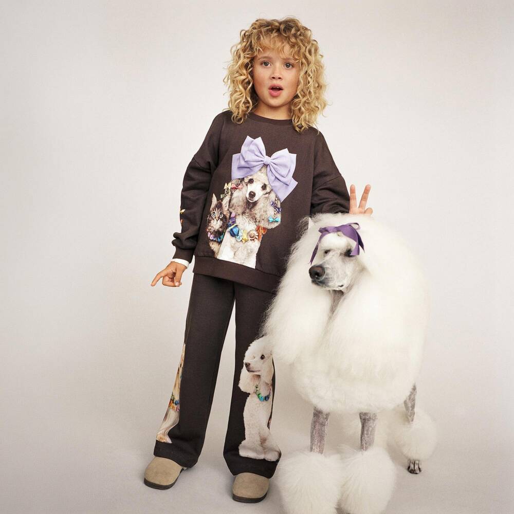 Molo-Girls Brown Poodle Print Joggers in Organic Cotton | Childrensalon