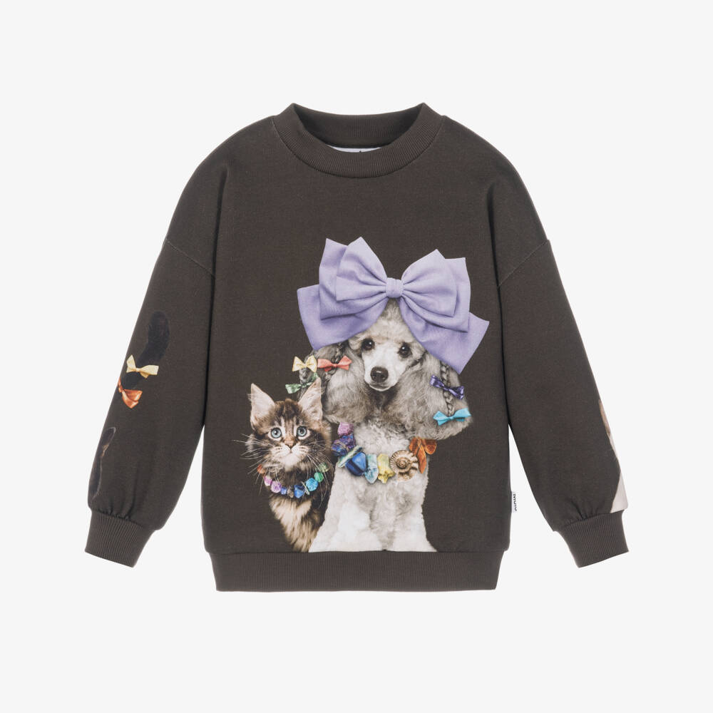 Molo-Girls Brown Poodle Print Sweatshirt in Organic Cotton | Childrensalon