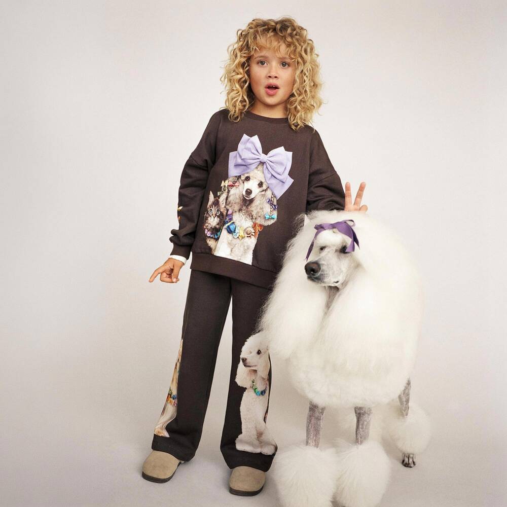 Molo-Girls Brown Poodle Print Sweatshirt in Organic Cotton | Childrensalon