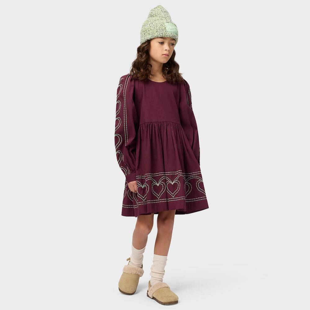 Molo-Girls Burgundy Cotton Dress with Heart Embroidery | Childrensalon