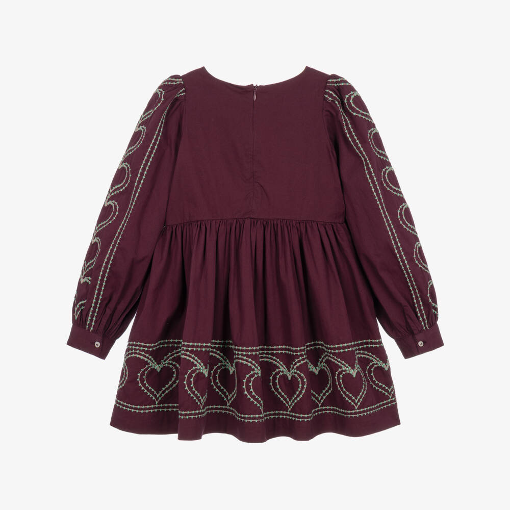 Molo-Girls Burgundy Cotton Dress with Heart Embroidery | Childrensalon
