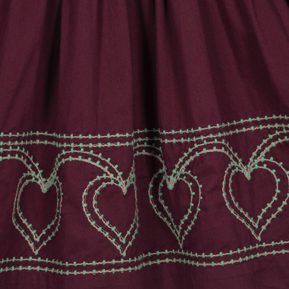 Molo-Girls Burgundy Cotton Dress with Heart Embroidery | Childrensalon