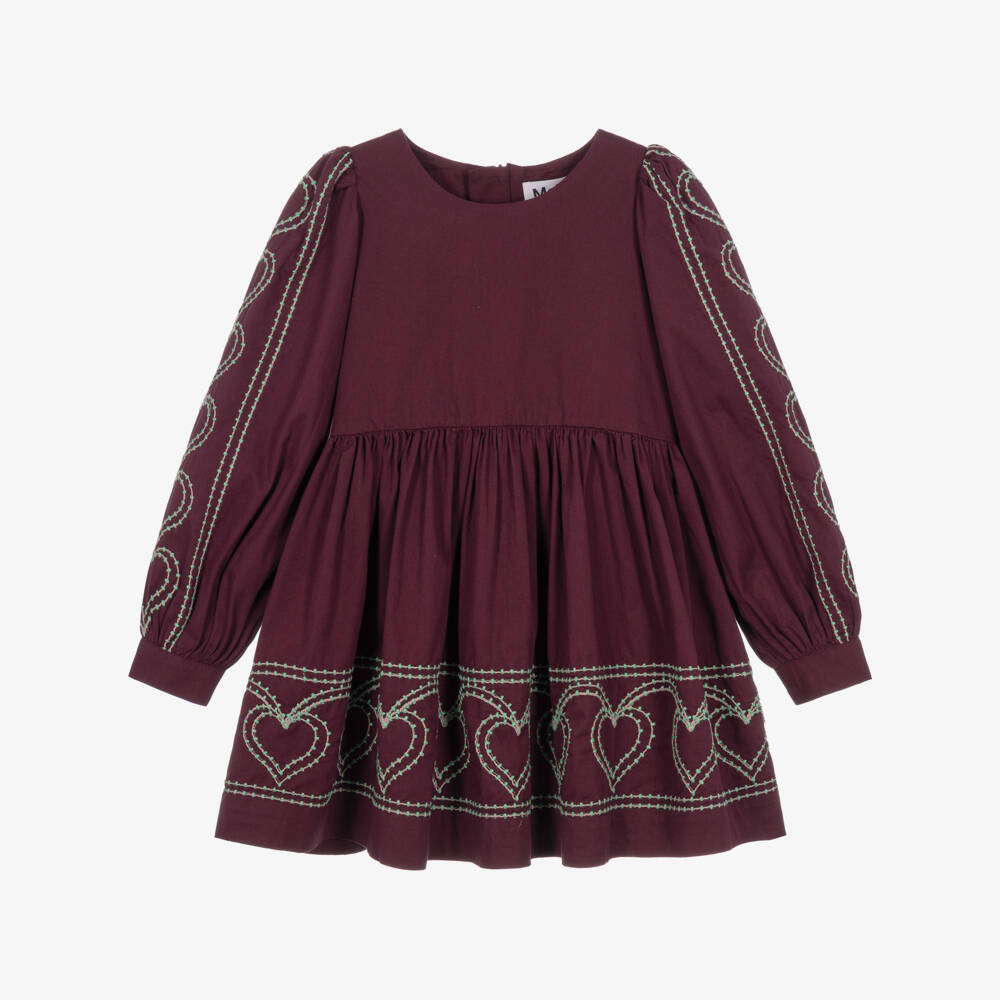 Molo-Girls Burgundy Cotton Dress with Heart Embroidery | Childrensalon