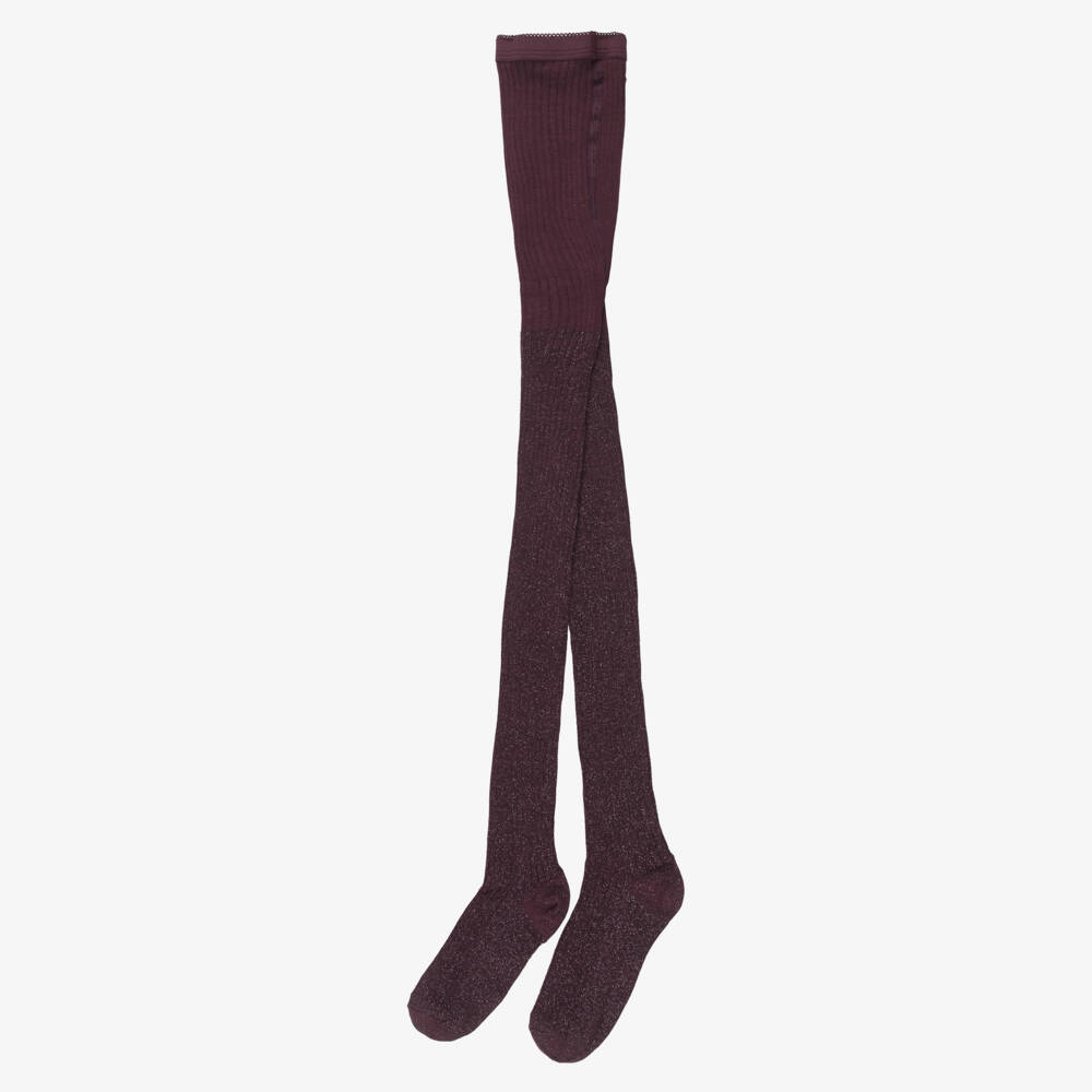 Molo-Girls Burgundy Red Sparkly Ribbed Tights | Childrensalon