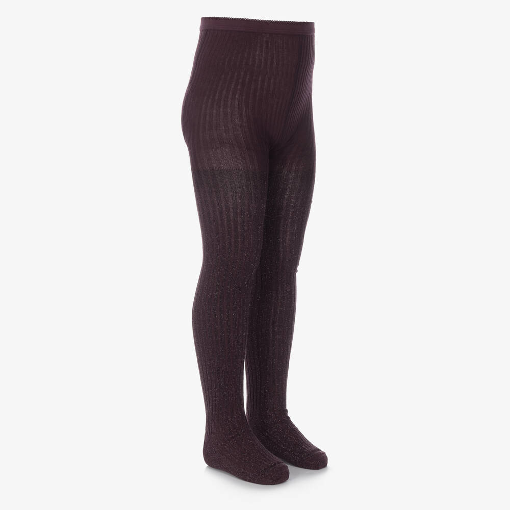 Molo-Girls Burgundy Red Sparkly Ribbed Tights | Childrensalon