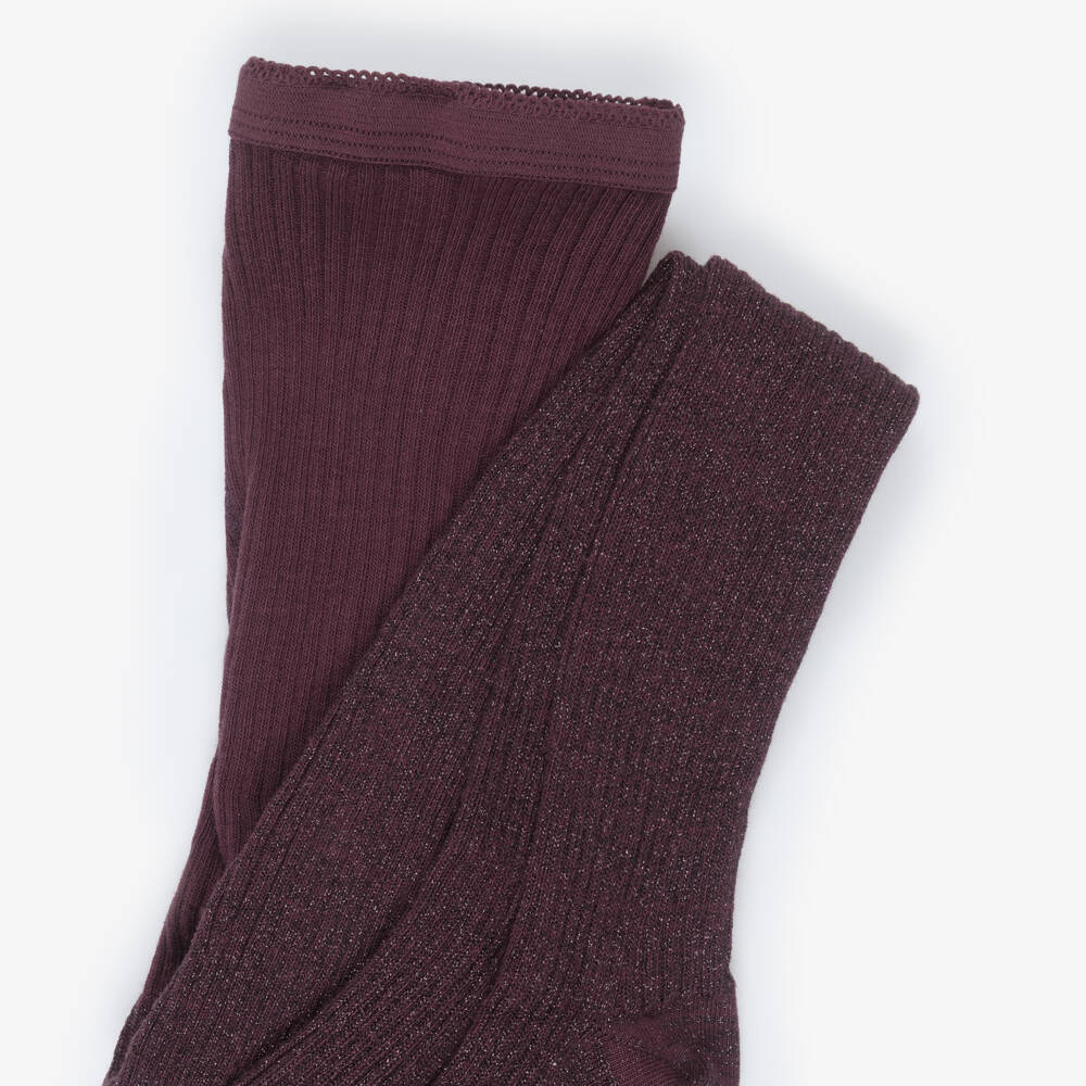 Molo-Girls Burgundy Red Sparkly Ribbed Tights | Childrensalon