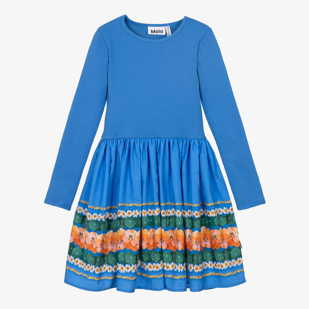 Molo-Girls Cobalt Blue Flower Ribbon Print Dress | Childrensalon