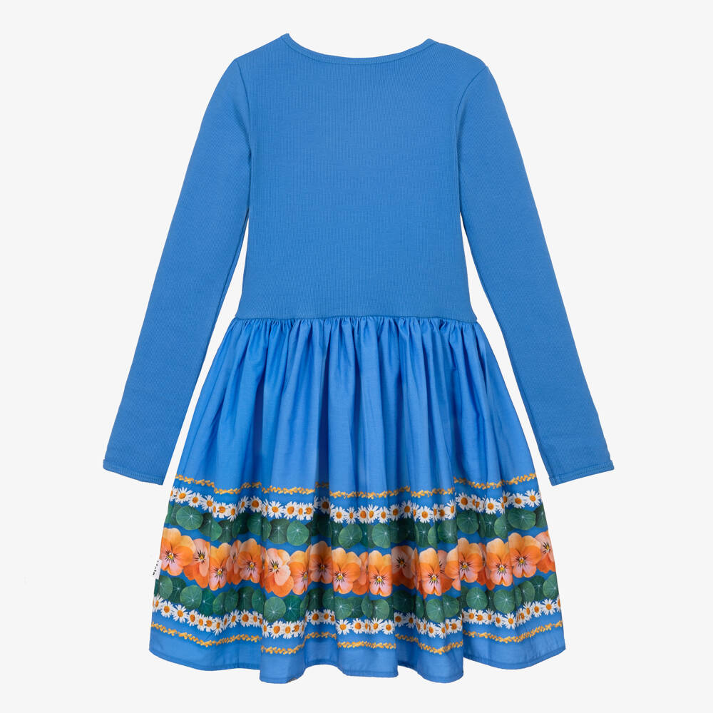 Molo-Girls Cobalt Blue Flower Ribbon Print Dress | Childrensalon