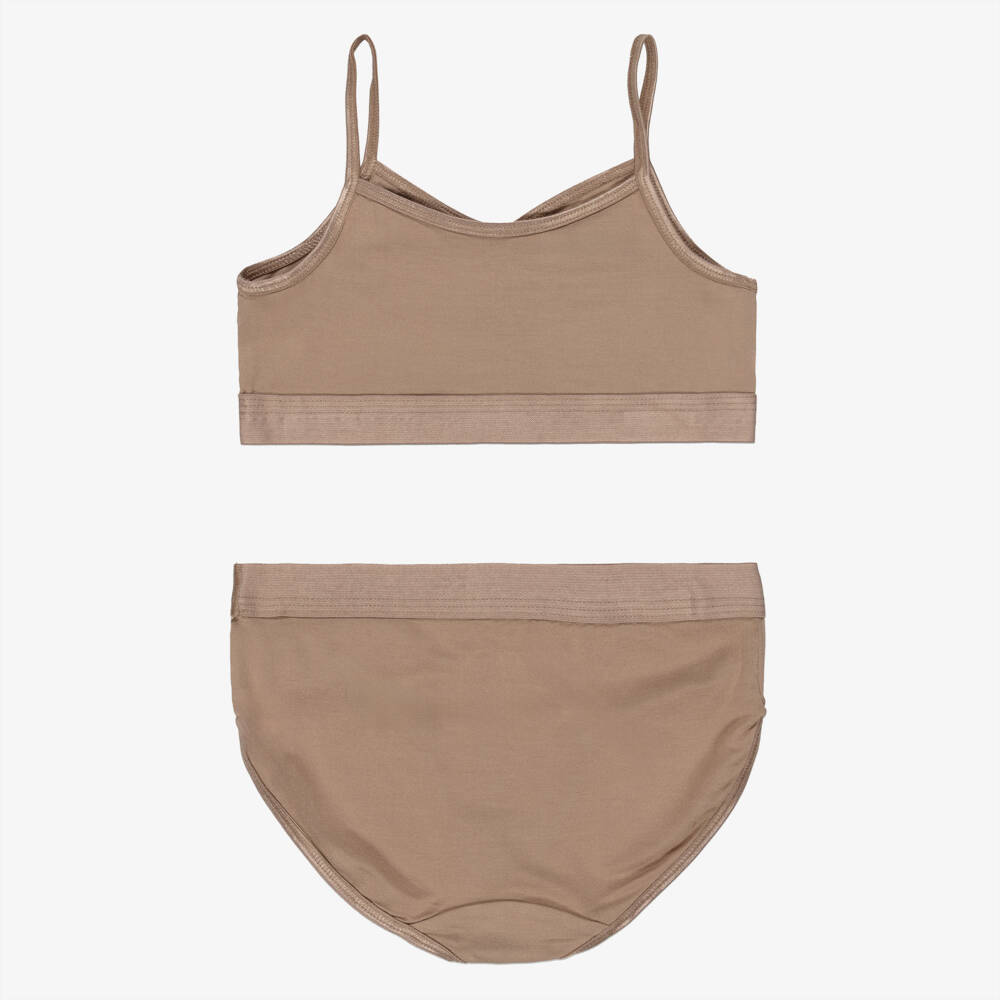Molo-Girls Dark Beige Jersey Crop Top & Knickers Set | Childrensalon