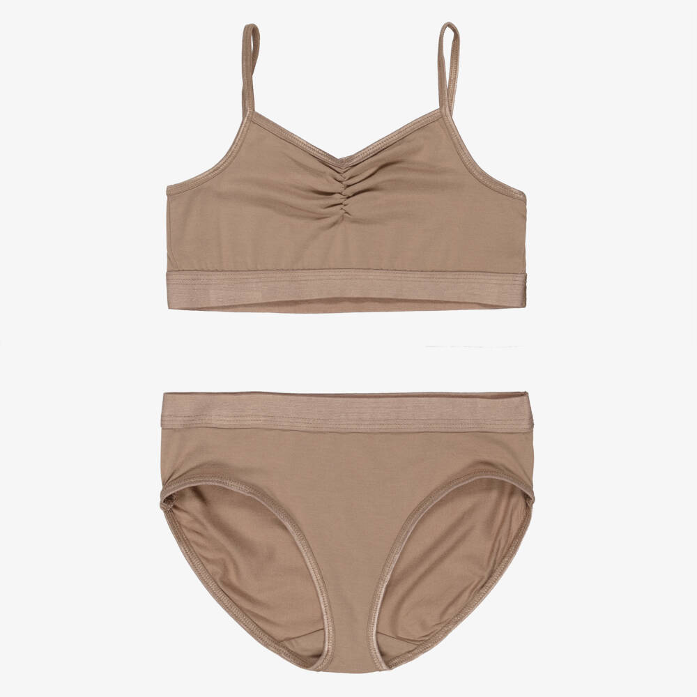 Molo-Girls Dark Beige Jersey Crop Top & Knickers Set | Childrensalon