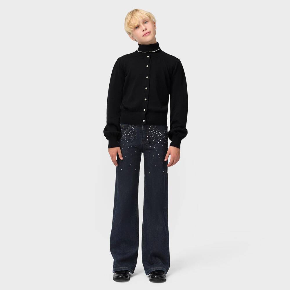 Molo-Girls Dark Blue Denim Flared Jeans with Rhinestones | Childrensalon