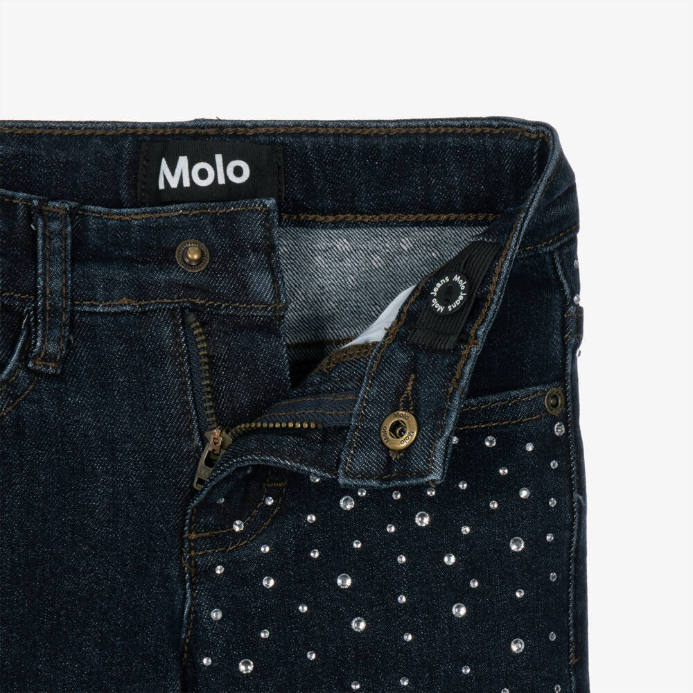 Molo-Girls Dark Blue Denim Flared Jeans with Rhinestones | Childrensalon
