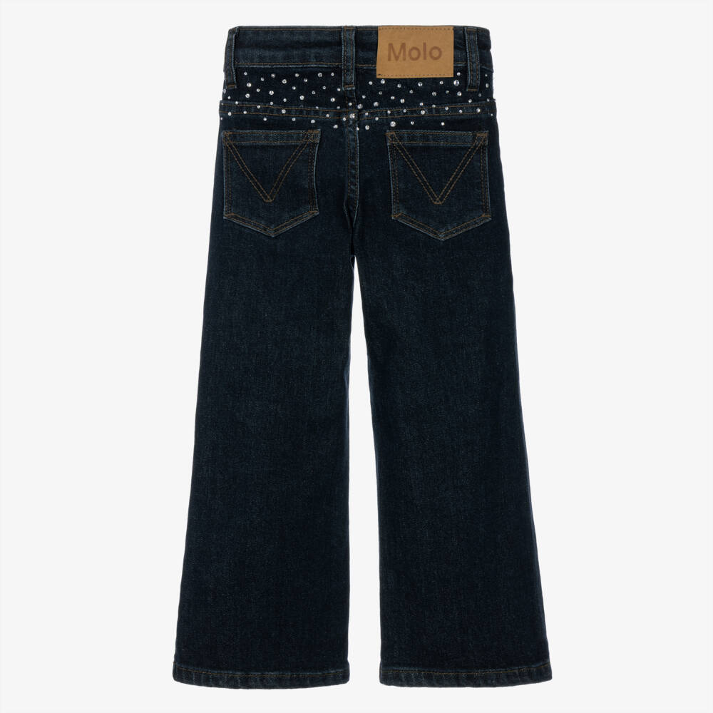 Molo-Girls Dark Blue Denim Flared Jeans with Rhinestones | Childrensalon