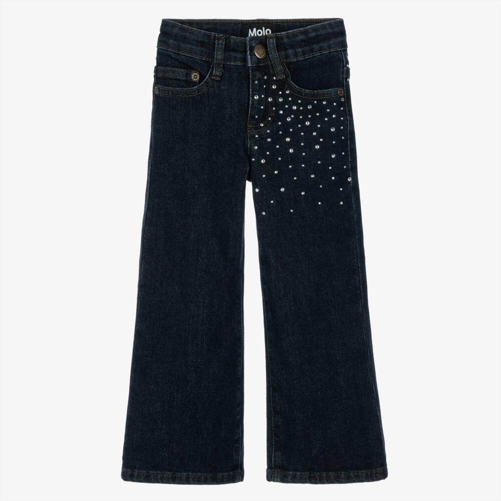 Molo-Girls Dark Blue Denim Flared Jeans with Rhinestones | Childrensalon